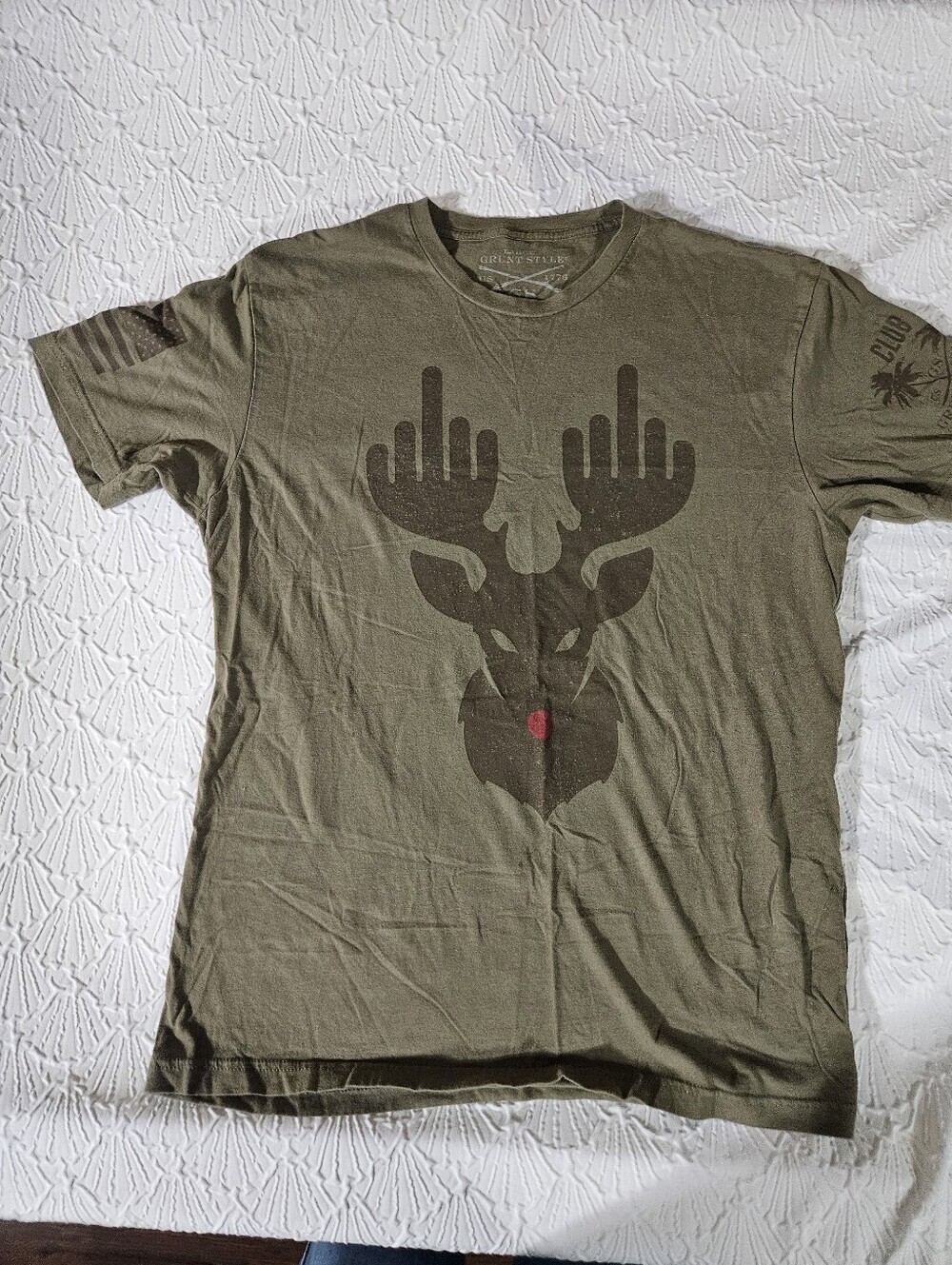 Grunt Style Olive Short Sleeve Tee with Red Nosed Deer Graphic Size L